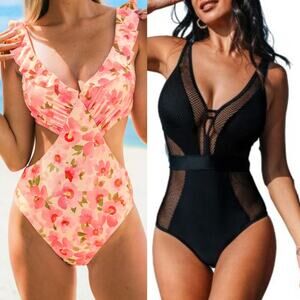 NWT Cupshe Floral Cutout Ruffled One Piece Swimsuit Beach Paddle BUNDLE Size L